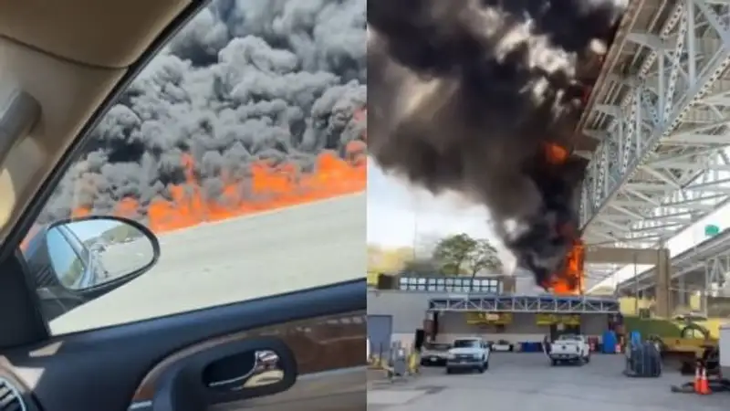 В США на оживленном мосту важной трассы загорелся бензовоз