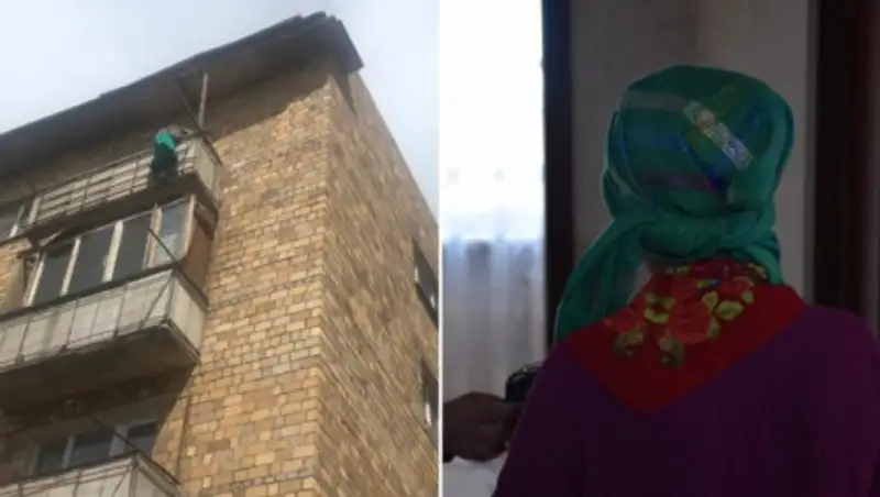 Женщина залезла на карниз балкона в попытке воспитать сына