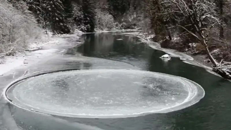 Чудо природы: вращающийся ледяной диск на реке