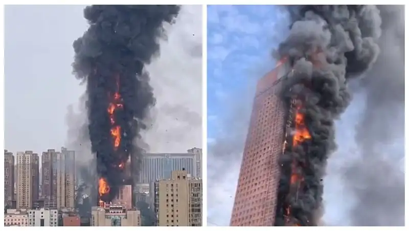 Сильный пожар охватил небоскреб в Китае