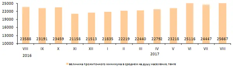 Величина прожиточного минимума в августе 2017 года составила 25 667 тенге