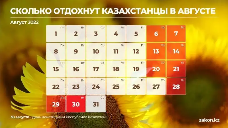 дни отдыха в августе 2022 года, фото - Новости Zakon.kz от 19.07.2022 16:25