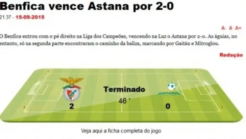 Обзор португальских СМИ после матча «Бенфика» — «Астана»