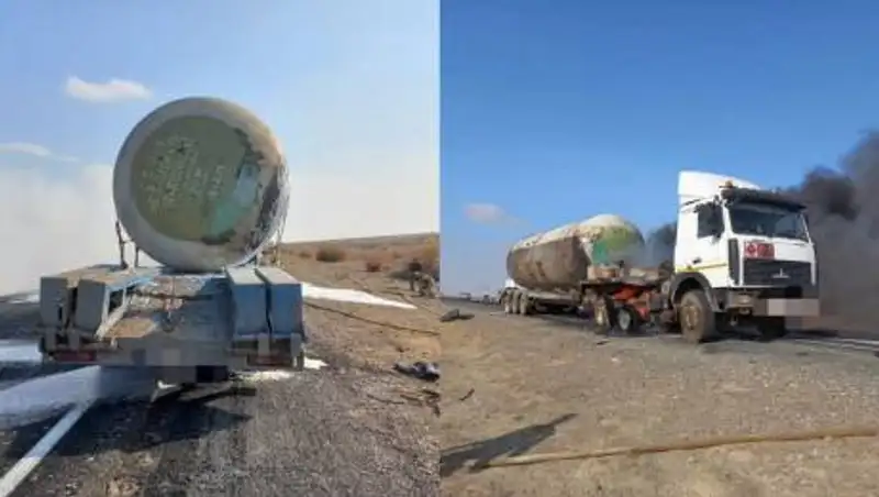 Грузовик, перевозивший газ, загорелся на трассе в Атырауской области