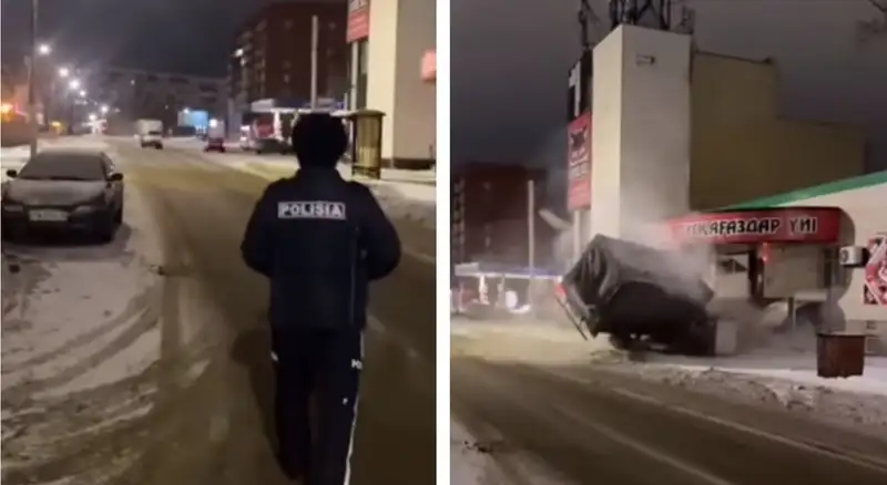 Пьяный казахстанец снес остановку и въехал в магазин на глазах у полицейских