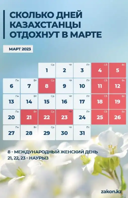 Календарь выходных дней в марте 2023, фото - Новости Zakon.kz от 09.02.2023 10:43