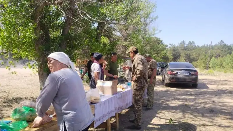 В борьбе с лесным пожаром в Абайской области пожарных поддерживают волонтеры