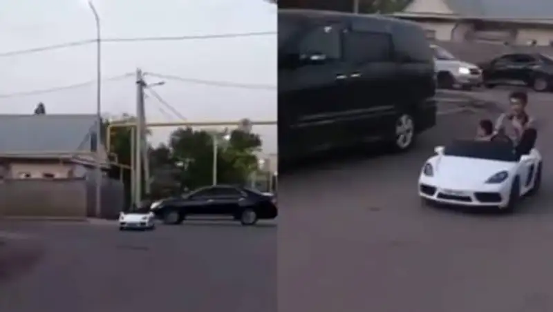 Мужчина с ребенком на игрушечном кабриолете разъезжали по Алматы