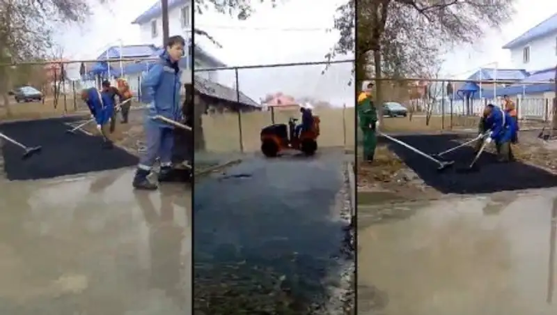 Прямо на лужи укладывали асфальт в Уральске