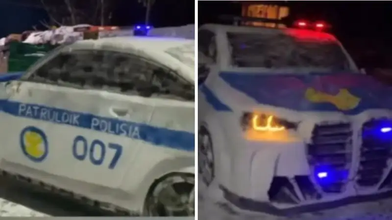 Житель ЗКО слепил из снега полицейскую машину