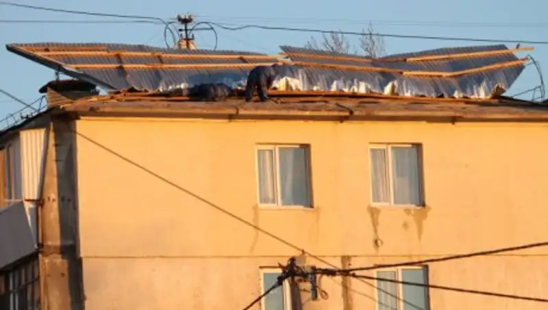 Сильный ветер в Уральске снес крышу с дома и сломал дерево