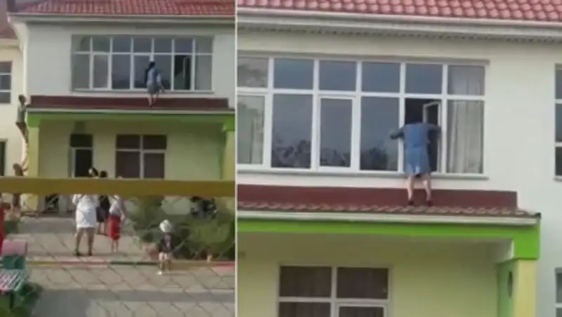 Воспитателя с ребенком на руках сняли на карнизе в детском саду Капшагая