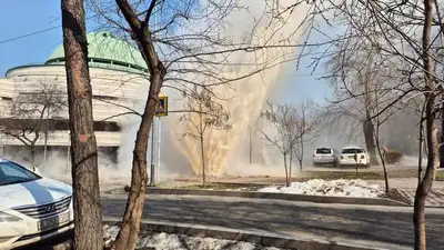 Мощный фонтан забил из-под земли в Алматы, фото - Новости Zakon.kz от 06.03.2024 13:19