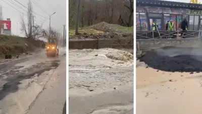 Во время сильного дождя в Алматы уложили асфальт , фото - Новости Zakon.kz от 09.04.2024 19:08