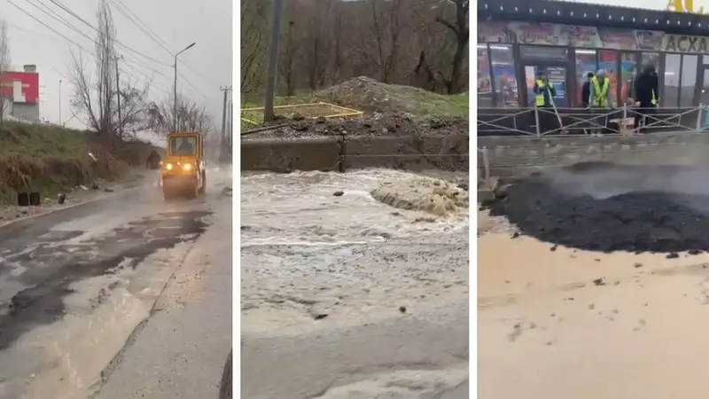 Во время сильного дождя в Алматы уложили асфальт