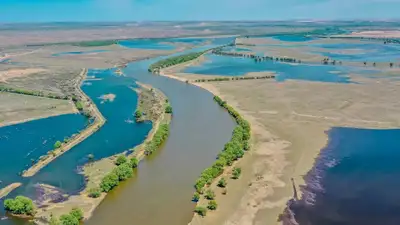Река Кигач в Атырауской области наполняется из-за сброса воды с водохранилища в России