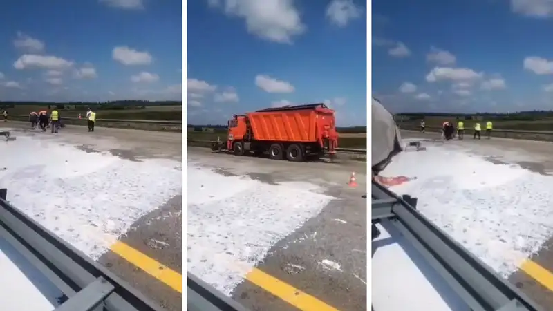 Грузовик с краской опрокинулся на трассе в Акмолинской области