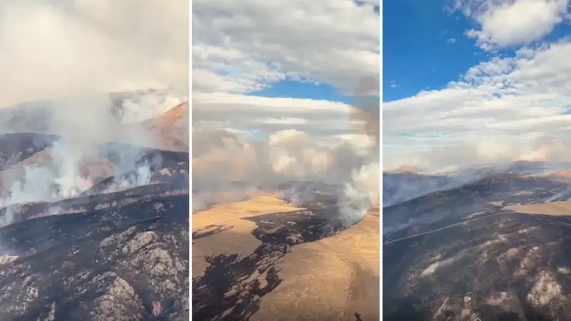Площадь крупного пожара в двух областях Казахстана выросла вдвое: кадры сверху