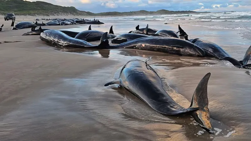Около 90 живых косаток лежат на берегу в австралийской Тасмании