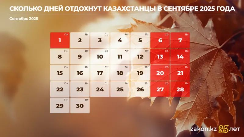 дни отдыха в сентябре 2025 года, фото - Новости Zakon.kz от 26.08.2025 10:06