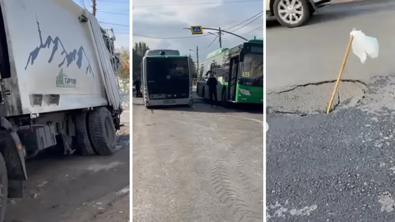 Трещины и ямы: новый асфальт разрушился под автобусами после дождя в Алматы