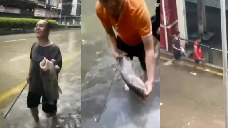 В Китае люди ловят рыбу на затопленных улицах после супертайфуна