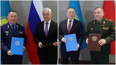 министр обороны РК Даурен Косанов, министр обороны РФ Андрей Белоусов, министр обороны РБ Виктор Хренин, фото - Новости Zakon.kz от 31.10.2025 11:42