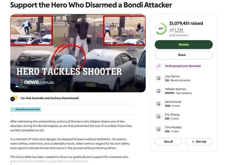 скриншот страницы сбора денег для сиднейского героя, фото - Новости Zakon.kz от 15.12.2025 14:52