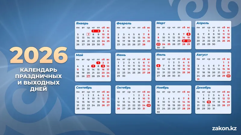 Дни отдыха в 2026 году, фото - Новости Zakon.kz от 09.01.2026 09:57