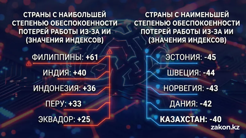 Страны с наибольшим и наименьшим чувством обеспокоенности из-за потери работы, ИИ, фото - Новости Zakon.kz от 20.05.2026 18:16