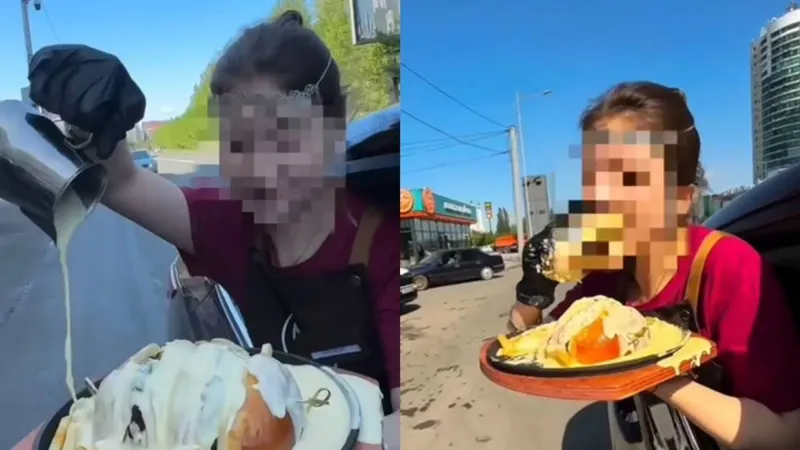 девушка, еда, нарушение ПДД
