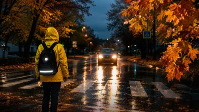 Пешеход, пешеходный переход, зебра, машина, автомобиль, осень, дождь