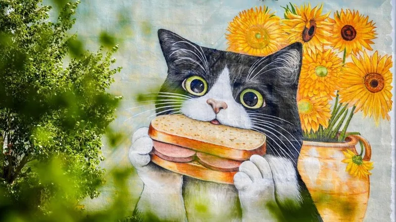 кот, цветы, мурал