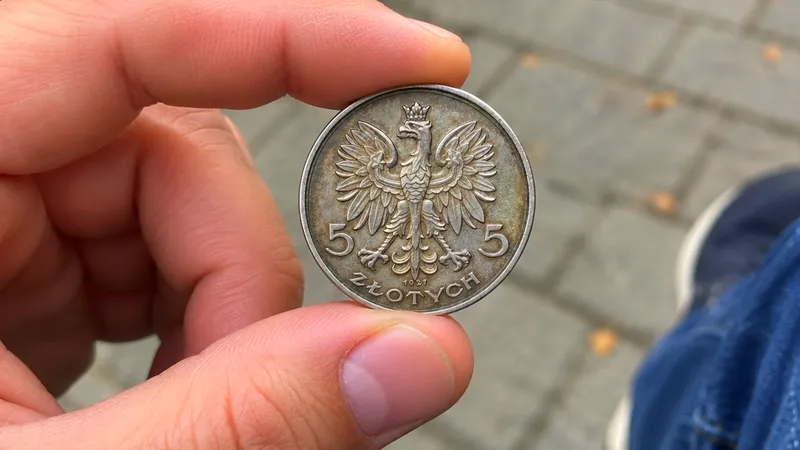 Польская монета, рука, асфальт