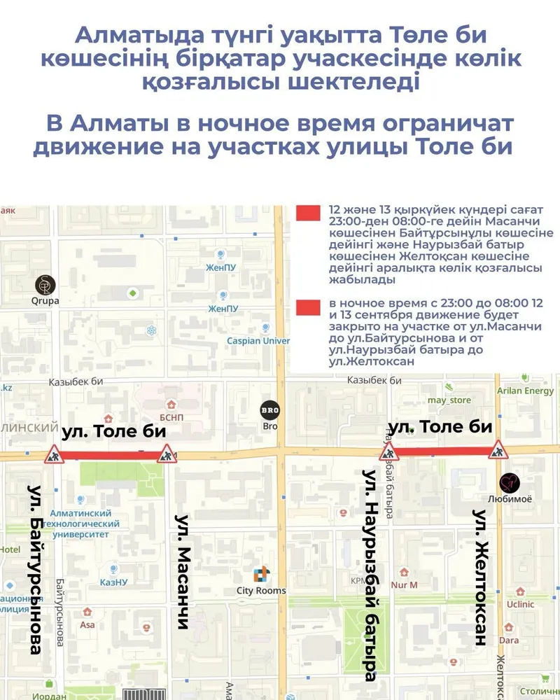 на два дня ограничат движение по улице Толе би, фото - Новости Zakon.kz от 12.09.2026 17:37