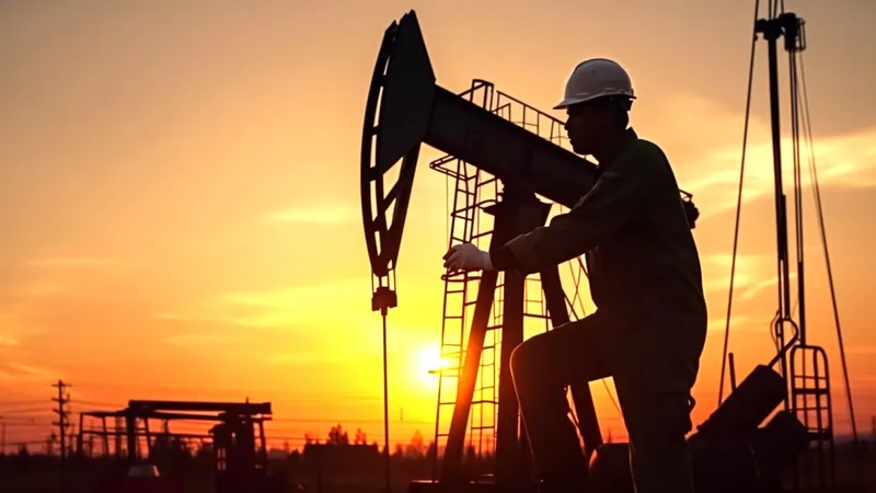 Рабочий и нефтяная вышка на закате